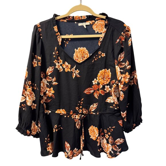 Maurices Womens Floral Peplum Blouse Blue & Orange Sz L Polyester top - Picture 2 of 12